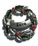 Silver Tone Wreath Pendant &quot;Love&quot; Ribbon Holly Holiday Leaves Leaf - £7.44 GBP