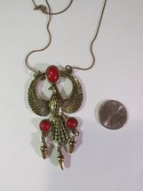 Vintage Large Egyptian Falcon Bird Antique Gold With Red Coral Pendant On Chain - £55.39 GBP