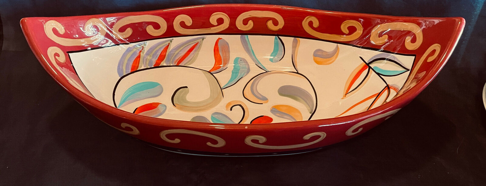 Colorful Boat Shaped Stoneware Bowl Mediterranean Swirl Home Interiors - $45.00