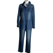 Feisty Boutique Stretch Denim Jumpsuit L Blue Buttons Pockets Rosie the Riveter - £54.61 GBP