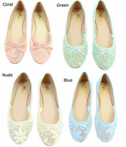 New Mixx Toni Mesh Lace Bow Tie Ballet Flats Green Blue Nude Coral Size ... - $13.99