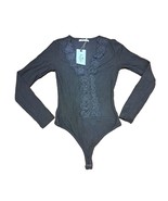 ReoRia Lace Ribbed Trim Black Long Sleeve Thong Bodysuit Size Small Reo Ria - £14.85 GBP