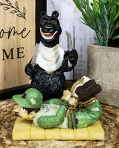 Rustic Western Whimsical Black Bear Picnic Time With Tied Up Hunter Figurine - $25.99