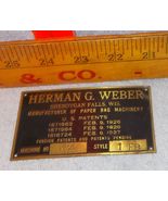 Antique Herman G. Weber Equipment Brass Name Plate Tag Sheboyan Falls Wi... - $24.95