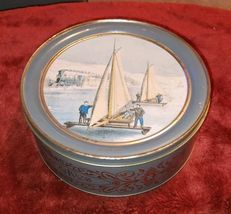 VTG Currier &amp; Ives Ice Boat Race 10 Inch Round Metal Tin Holiday COokie - $9.99