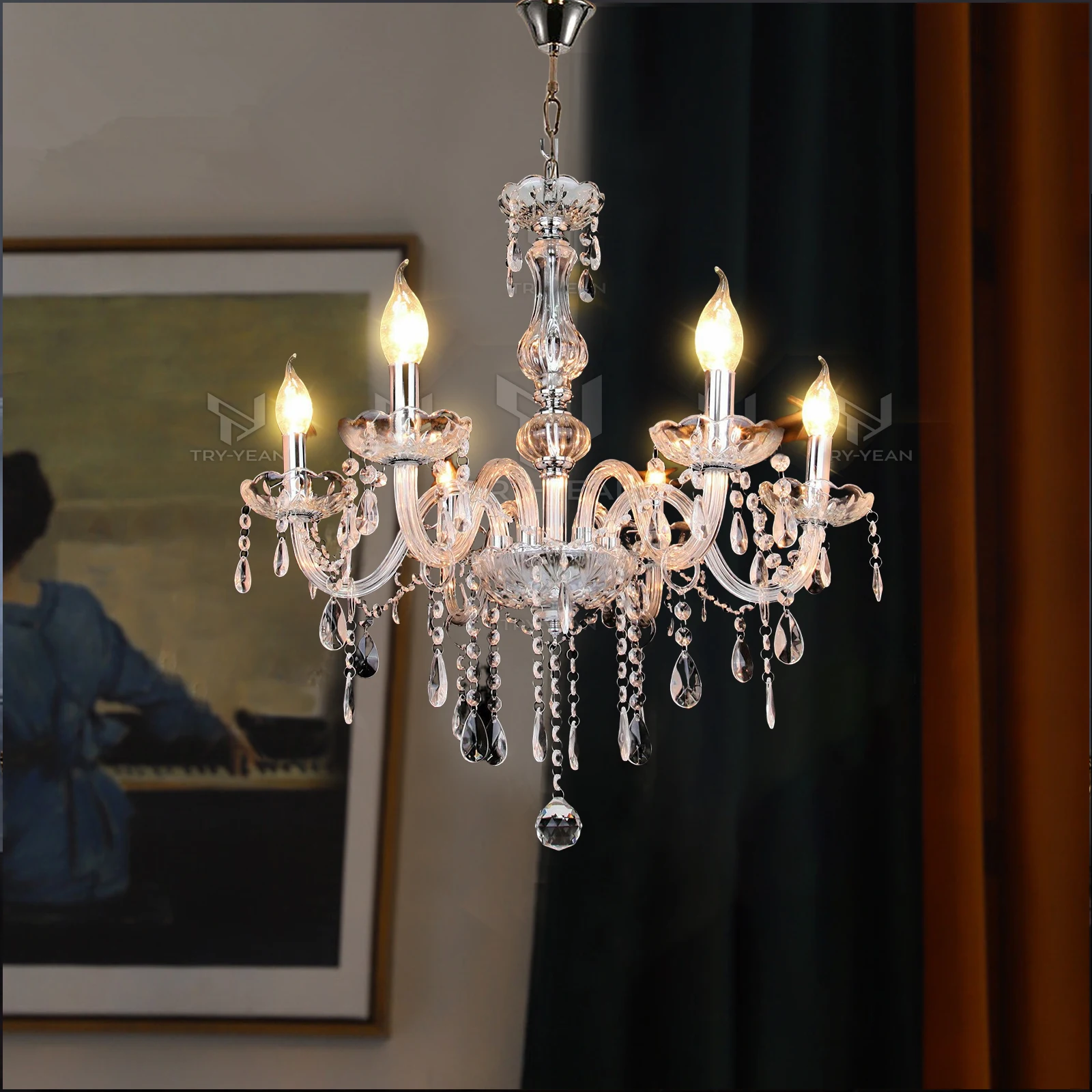 TRY-YEAN Transparent Cognac Crystal Glass 6 Arms Chandelier Glass Living... - $98.60+