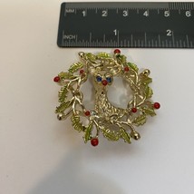 Christmas Pin Deer Wreath Gold Tone - $6.40
