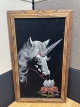 Vintage Mexican Folk Art Unicorn Black Felt Painting Rustic Wood Frame K... - $39.59