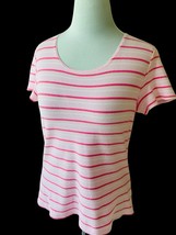 Croft &amp; Barrow Ladies Scoop Neck Ss Pink Multi Color Striped Top Tee Tunic Euc M - £16.65 GBP