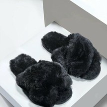 Charlie Paige ~ Open Toe ~ Crossover ~ Slippers ~ Size Small ~ Black ~ Faux Fur - £18.36 GBP