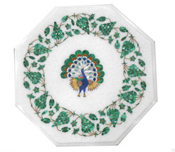 12&quot; Marble Coffee Table Top Malachite Inlay Grapes Floral Peacock Design Decor - £688.65 GBP