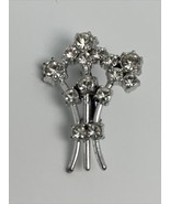 SPRINGY CLEAR RHINESTONE &amp; SILVER TONE BOUQUET OF FLOWERS BROOCH PIN 1.5” - £9.12 GBP