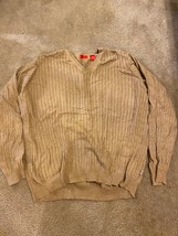 Vtg 80s Izod L Acrylic Knit V-Neck Ribbed Grandpa Style Sweater Tan Beige - £22.13 GBP