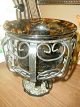 Art Glass Amber Tortoise Shell Hand Blown Vase Metal Framed Cage Pontil Flat Btm - £38.82 GBP