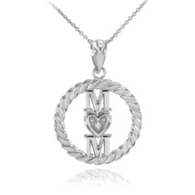 925 Sterling Silver Roped Circle Mom Love Heart with CZ Pendant Necklace - £25.62 GBP+