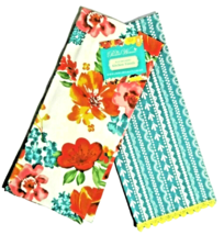 Pioneer Woman Wildflower Whimsy Kitchen Towels 2-Piece White Teal Stripe Floral - £14.68 GBP