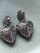 Large Silvertone Oval w Ornate Puffy Heart Dangle Post Earrings for Pierced Ears - £9.08 GBP