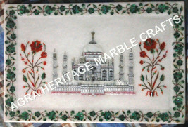 15&quot;x10&quot; Marble White Serving Tray Taj Mahal Malachite Inlay Floral Decor... - £335.14 GBP