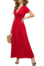 LILBETTER Women&#39;s Red Short Sleeves Wrap Waist Maxi Dress with Pockets - L - £16.27 GBP
