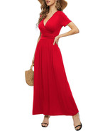 LILBETTER Women's Red Short Sleeves Wrap Waist Maxi Dress with Pockets - L - $20.78