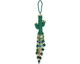 Green Floral Cactus Hanging Figurine Ornament Czech Glass Seed Bead Fringe Tail  - $19.79