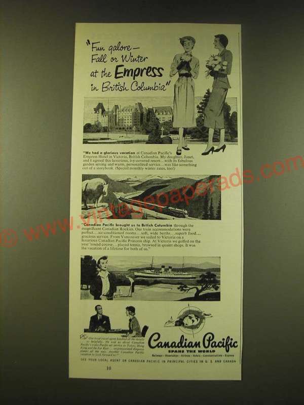 1951 Canadian Pacific Railroad Ad - Fun galore - fall or winter at the Empress - $18.49