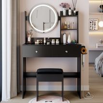 17&quot; Round LED Vanity Table w/Stool, 3-Color, USB/AC, Storage - $3,091.58 MXN