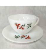 Fire King Glass Tea Cup &amp; Saucer, Red Flowers, Anchor Hocking, MCM - $12.00