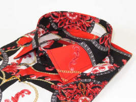 Men's AVM Crystal Shirt Medallion Cotton Turkey Slim Fit 15651-01 Red/Black image 5
