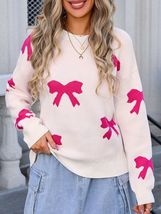 Angel Wings Bow Round Neck Dropped Shoulder Sweater - $30.00