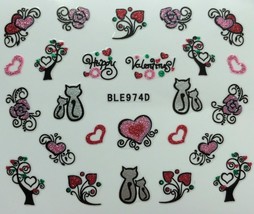 Nail Art 3D Glitter Decal Stickers Roses Cats Hearts Valentine&#39;s Day BLE974D - £2.50 GBP