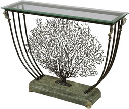 Console Table MAITLAND-SMITH Coral Black Iron Brass Accents Green Stone Beveled - £5,490.77 GBP