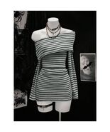 Emo Egirl E-girl Y2k Asymmetrical Off Shoulder Bodycon Gray Strip Dress XS - €30,06 EUR