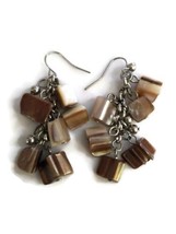 Iridescent Brown Beige Beaded Block Cluster Chandelier Dangle Drop Hook Earrings - £16.01 GBP