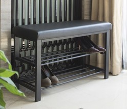 Finnhomy Entryway Shoe Rack With Cushioned Seat, 2 Shelves Storage Bench, Black - £57.36 GBP