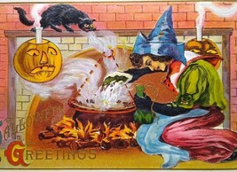 Halloween Postcard Fantasy Witch Magic Potion Cauldron Black Cat Lions Head 116 - £73.54 GBP