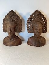 Balinese Hand-Carved Wood Bust Pair | Male &amp; Female Headdress Statues 9-in - $99.99