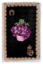 Handmade Embroidered Fabric Add-on Diecut Pansy Flower Baskets UNP Postcard K17 - £8.52 GBP