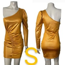 Golden Shimmery Satiny One Arm Style Long Sleeve Ruched Mini Dress~Size S - $39.98