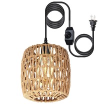 Farmhouse Plug In Pendant Light With Dimmer Switch, Wicker Hanging Lights With P - £41.11 GBP