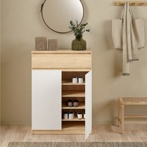 Oak &amp; White Finish Rectangular Shoe Storage Cabinet Unit With 2 Doors 1 Drawer - £233.52 GBP