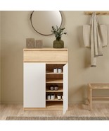 Oak &amp; White Finish Rectangular Shoe Storage Cabinet Unit With 2 Doors 1 ... - £238.45 GBP