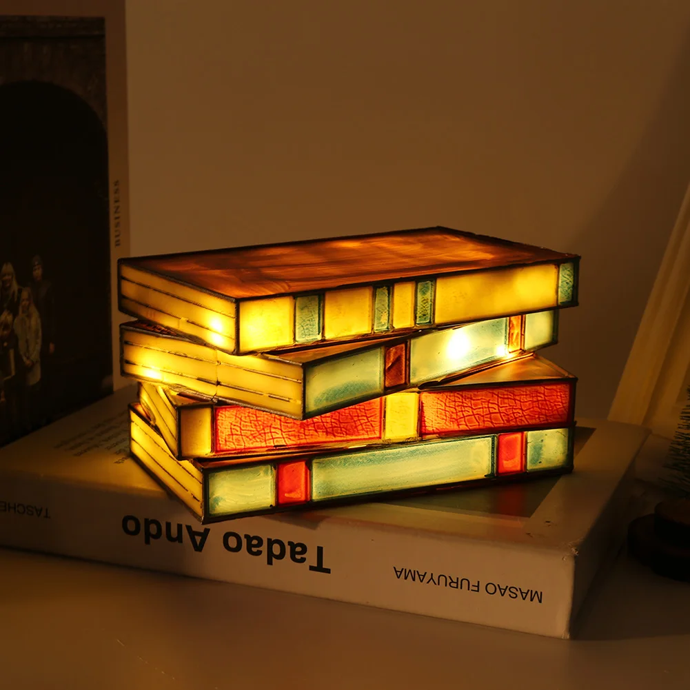 Rative handicraft stacked books light stained glass table reading light nightstand desk thumb200