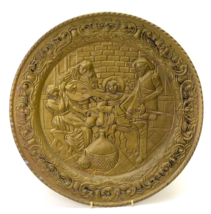 Wall Hanging Plate Pressed Brass Victorian Scene Leaves Ornate 16.5&quot;  Vintage - £23.79 GBP