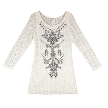 GENTLE FAWN Off-White Lace Embroidered Long Sleeve Boho Sheath Mini Dres... - $24.19