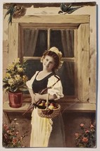 Pretty Woman Holding Basket Vegetables At Window With Birds Postcard M23 - £3.15 GBP