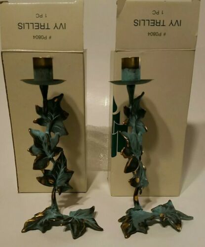 Primary image for PartyLite Set of 2 9" Ivy Trellis Brass & Green Candle Stick Holders NIB  #P0804