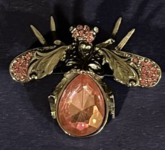 Silver Tone Fly Bug Brooch with Pink Rhinestones - $11.29