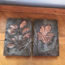 Estate Lot of 2 Thick Faux Dark Carved Wood w Copper Painted Embossed Leaves Wal - $12.19