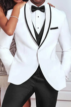 White Shawl Tuxedo Jacket with Black Satin Piping Lapel Traditional Fit - £195.76 GBP